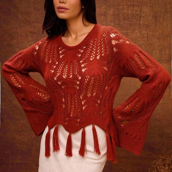 Casual Women's Round Neck Open Knit Tassel Fringe Hem Long Sleeve top - Picture 3 of 5
